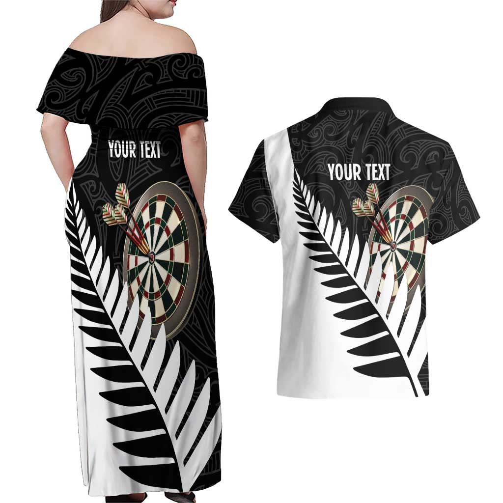 Personalised New Zealand Darts Couples Matching Off Shoulder Maxi Dress and Hawaiian Shirt Silver Fern Aotearoa Maori Pattern LT14 - Polynesian Pride