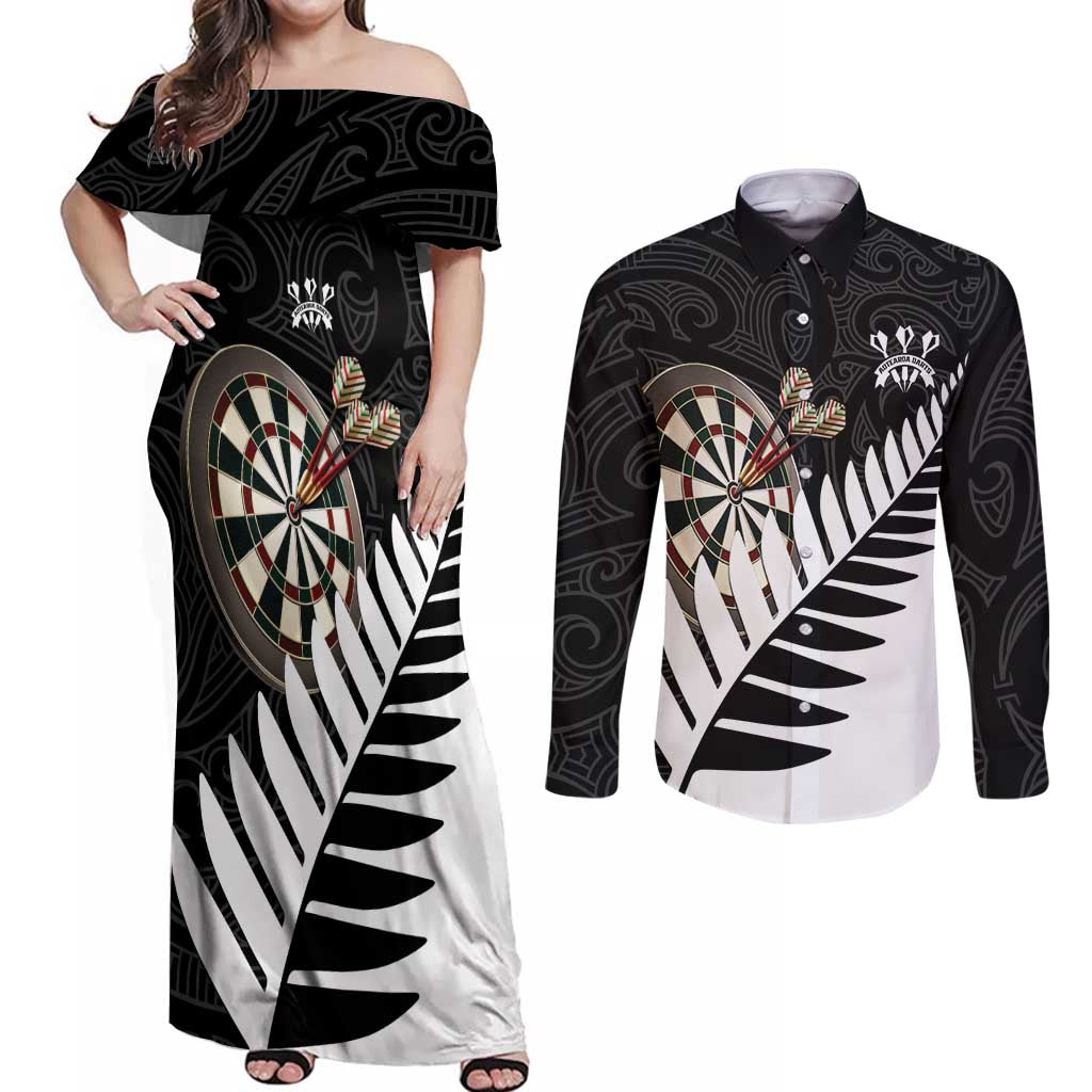 Personalised New Zealand Darts Couples Matching Off Shoulder Maxi Dress and Long Sleeve Button Shirt Silver Fern Aotearoa Maori Pattern LT14 Black - Polynesian Pride