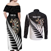 Personalised New Zealand Darts Couples Matching Off Shoulder Maxi Dress and Long Sleeve Button Shirt Silver Fern Aotearoa Maori Pattern LT14 - Polynesian Pride