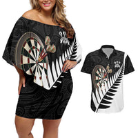Personalised New Zealand Darts Couples Matching Off Shoulder Short Dress and Hawaiian Shirt Silver Fern Aotearoa Maori Pattern LT14 Black - Polynesian Pride