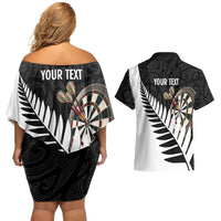 Personalised New Zealand Darts Couples Matching Off Shoulder Short Dress and Hawaiian Shirt Silver Fern Aotearoa Maori Pattern LT14 - Polynesian Pride