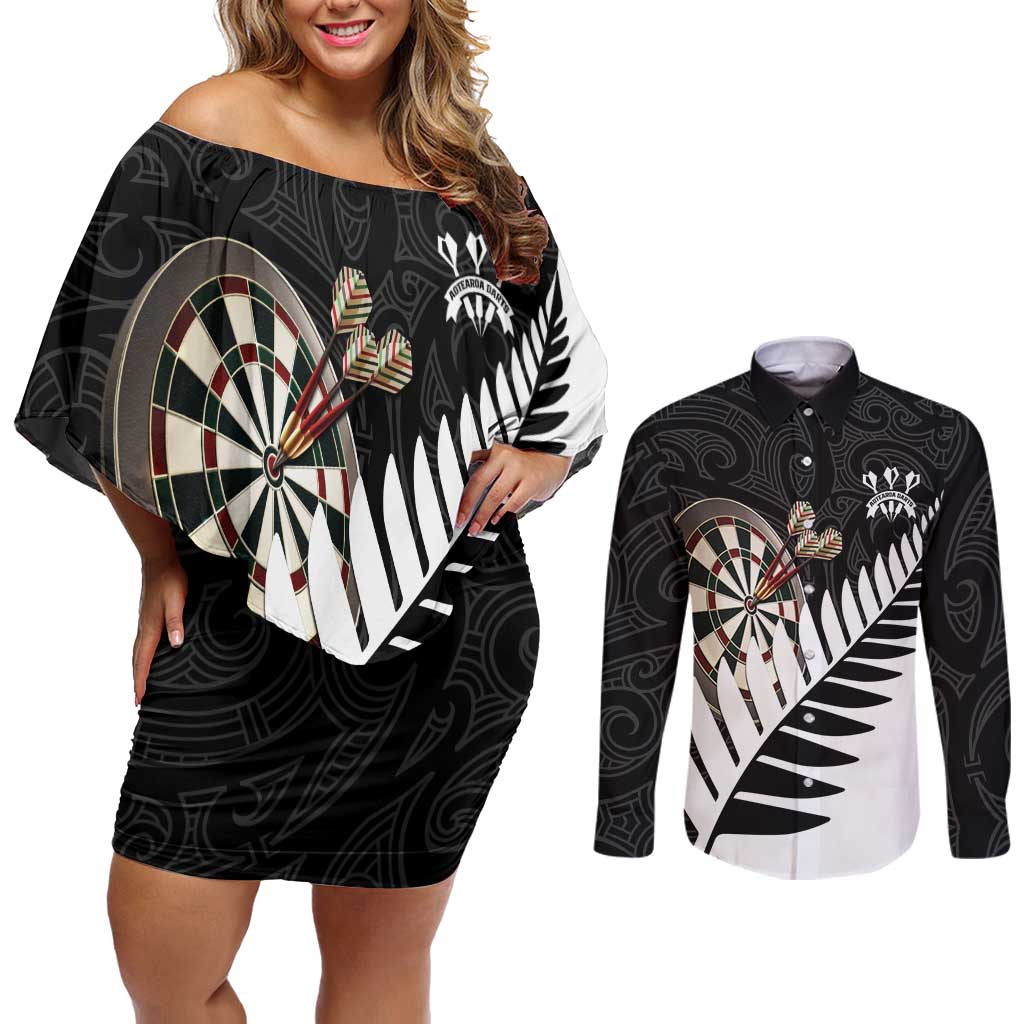 Personalised New Zealand Darts Couples Matching Off Shoulder Short Dress and Long Sleeve Button Shirt Silver Fern Aotearoa Maori Pattern LT14 Black - Polynesian Pride