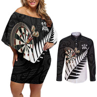 Personalised New Zealand Darts Couples Matching Off Shoulder Short Dress and Long Sleeve Button Shirt Silver Fern Aotearoa Maori Pattern LT14 Black - Polynesian Pride