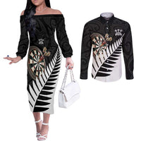Personalised New Zealand Darts Couples Matching Off The Shoulder Long Sleeve Dress and Long Sleeve Button Shirt Silver Fern Aotearoa Maori Pattern LT14 Black - Polynesian Pride