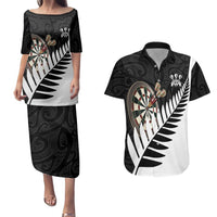 Personalised New Zealand Darts Couples Matching Puletasi and Hawaiian Shirt Silver Fern Aotearoa Maori Pattern LT14 Black - Polynesian Pride