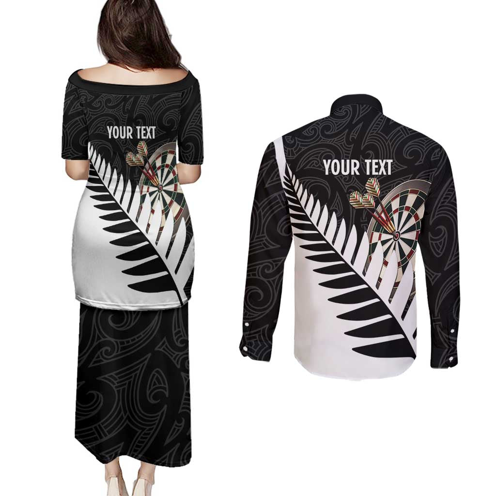 Personalised New Zealand Darts Couples Matching Puletasi and Long Sleeve Button Shirt Silver Fern Aotearoa Maori Pattern LT14 - Polynesian Pride