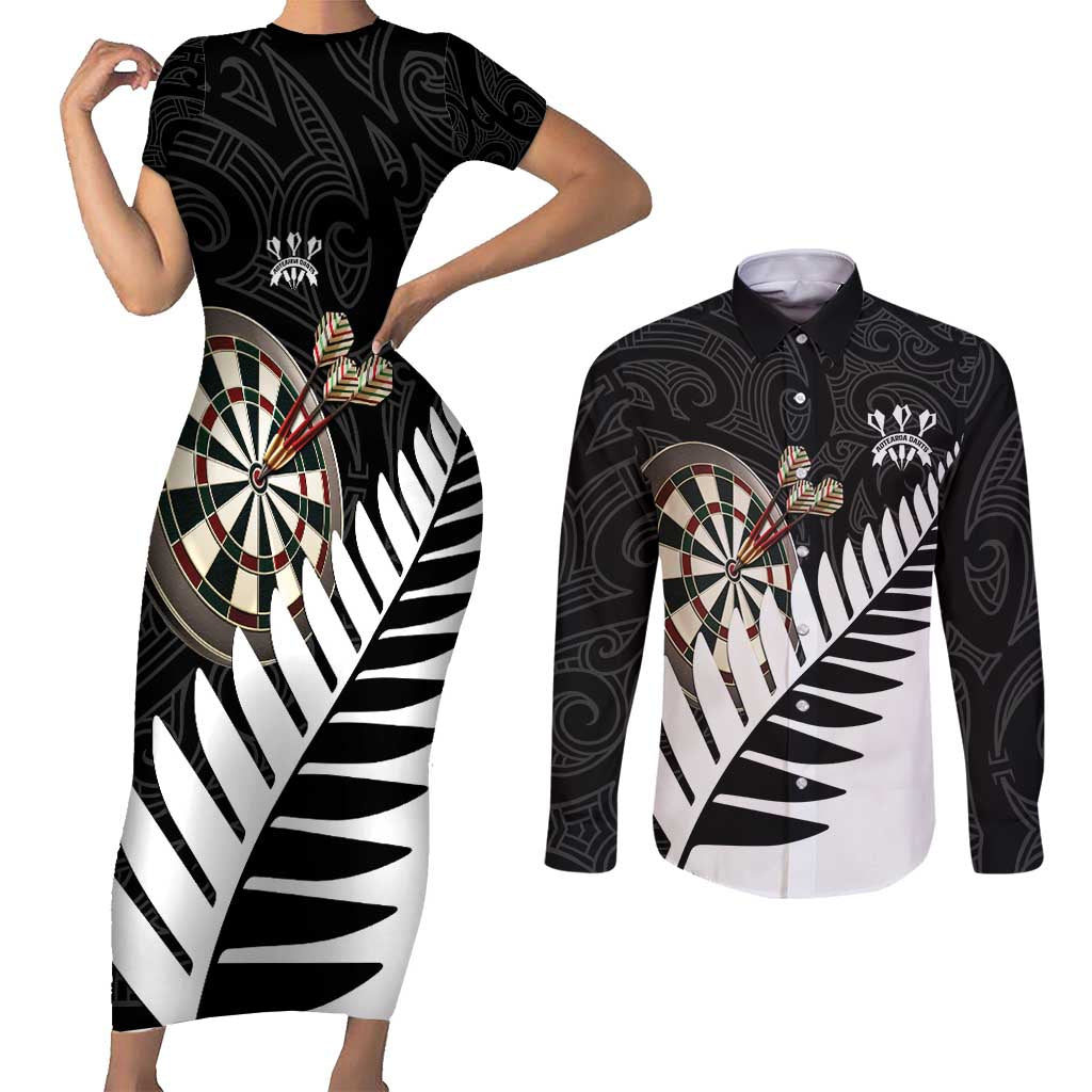 Personalised New Zealand Darts Couples Matching Short Sleeve Bodycon Dress and Long Sleeve Button Shirt Silver Fern Aotearoa Maori Pattern LT14 Black - Polynesian Pride