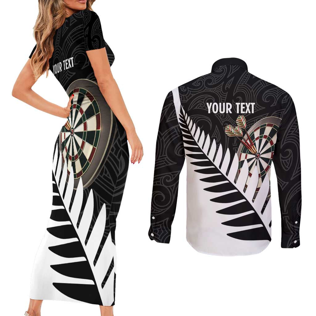 Personalised New Zealand Darts Couples Matching Short Sleeve Bodycon Dress and Long Sleeve Button Shirt Silver Fern Aotearoa Maori Pattern LT14 - Polynesian Pride