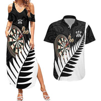 Personalised New Zealand Darts Couples Matching Summer Maxi Dress and Hawaiian Shirt Silver Fern Aotearoa Maori Pattern LT14 Black - Polynesian Pride