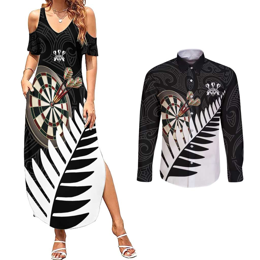 Personalised New Zealand Darts Couples Matching Summer Maxi Dress and Long Sleeve Button Shirt Silver Fern Aotearoa Maori Pattern LT14 Black - Polynesian Pride