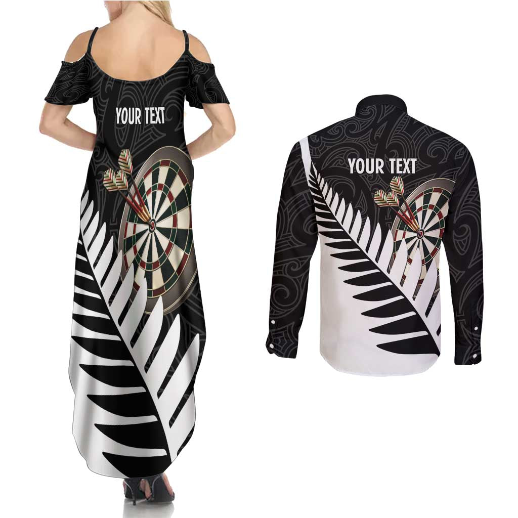 Personalised New Zealand Darts Couples Matching Summer Maxi Dress and Long Sleeve Button Shirt Silver Fern Aotearoa Maori Pattern LT14 - Polynesian Pride