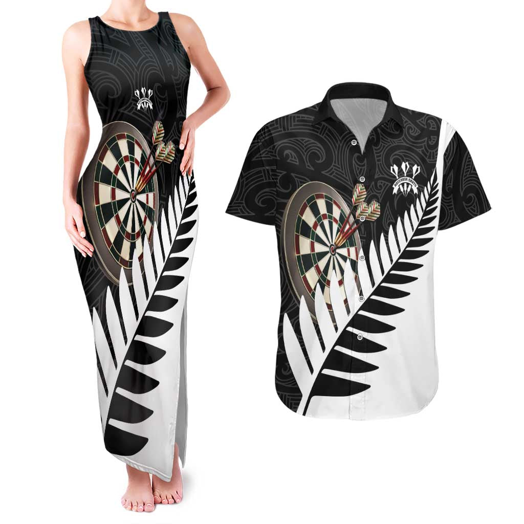 Personalised New Zealand Darts Couples Matching Tank Maxi Dress and Hawaiian Shirt Silver Fern Aotearoa Maori Pattern LT14 Black - Polynesian Pride