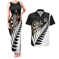 Personalised New Zealand Darts Couples Matching Tank Maxi Dress and Hawaiian Shirt Silver Fern Aotearoa Maori Pattern LT14 Black - Polynesian Pride