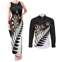 Personalised New Zealand Darts Couples Matching Tank Maxi Dress and Long Sleeve Button Shirt Silver Fern Aotearoa Maori Pattern LT14 Black - Polynesian Pride