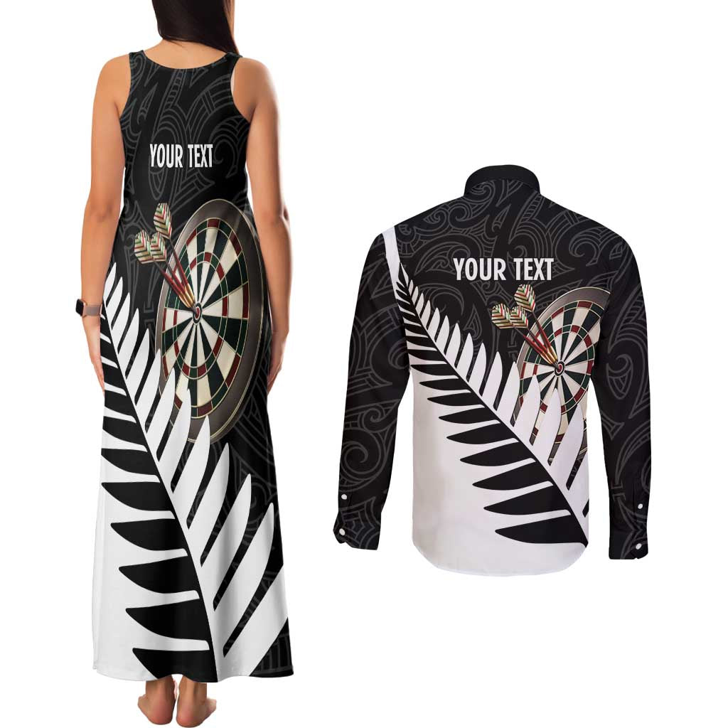 Personalised New Zealand Darts Couples Matching Tank Maxi Dress and Long Sleeve Button Shirt Silver Fern Aotearoa Maori Pattern LT14 - Polynesian Pride