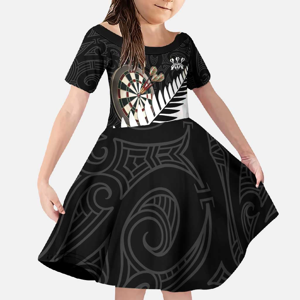 Personalised New Zealand Darts Family Matching Mermaid Dress and Hawaiian Shirt Silver Fern Aotearoa Maori Pattern LT14 Daughter's Dress Black - Polynesian Pride