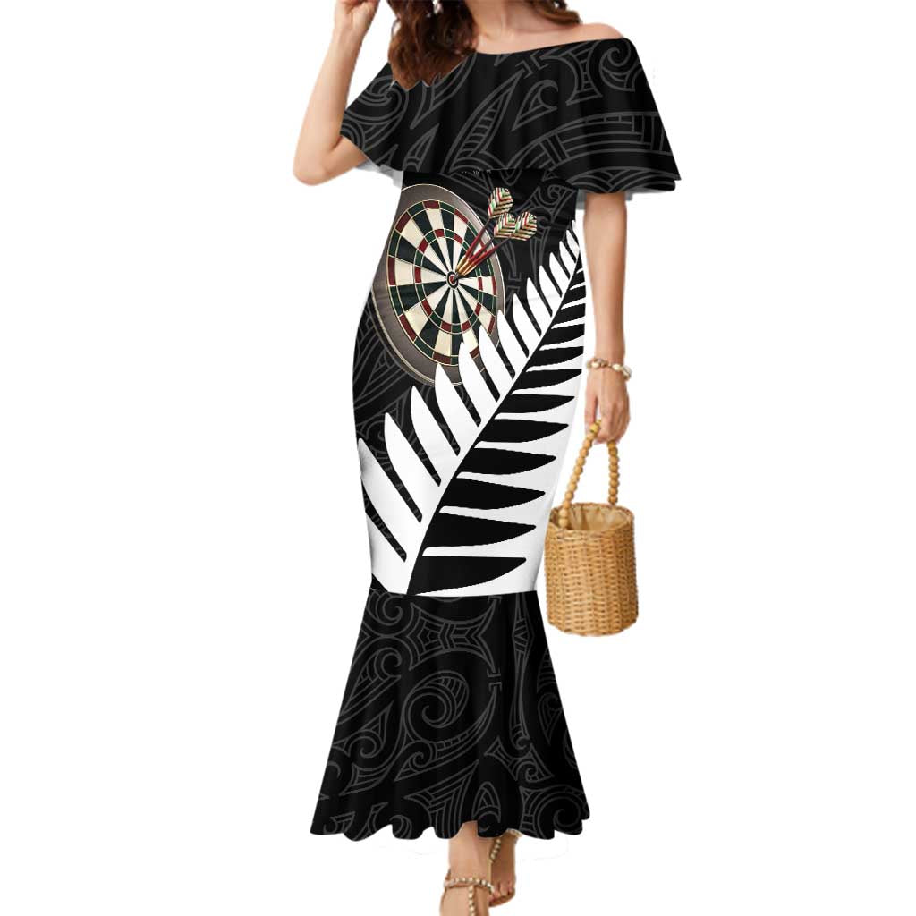 Personalised New Zealand Darts Family Matching Mermaid Dress and Hawaiian Shirt Silver Fern Aotearoa Maori Pattern LT14 Mom's Dress Black - Polynesian Pride