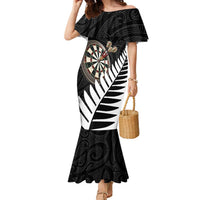 Personalised New Zealand Darts Family Matching Mermaid Dress and Hawaiian Shirt Silver Fern Aotearoa Maori Pattern LT14 Mom's Dress Black - Polynesian Pride