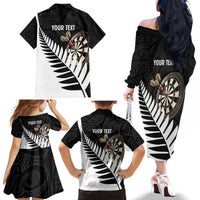 Personalised New Zealand Darts Family Matching Off The Shoulder Long Sleeve Dress and Hawaiian Shirt Silver Fern Aotearoa Maori Pattern LT14 - Polynesian Pride
