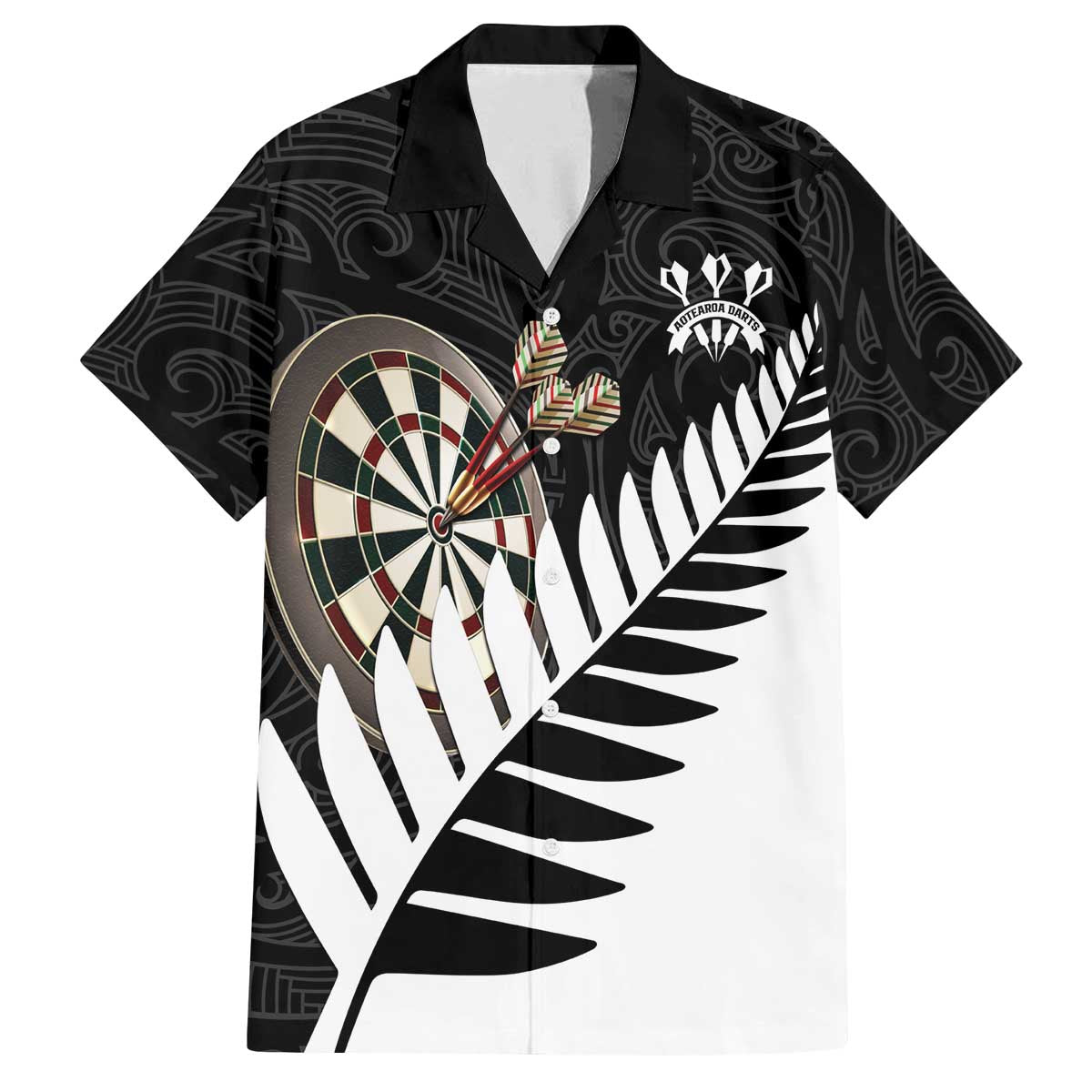 Personalised New Zealand Darts Family Matching Off The Shoulder Long Sleeve Dress and Hawaiian Shirt Silver Fern Aotearoa Maori Pattern LT14 Dad's Shirt - Short Sleeve Black - Polynesian Pride