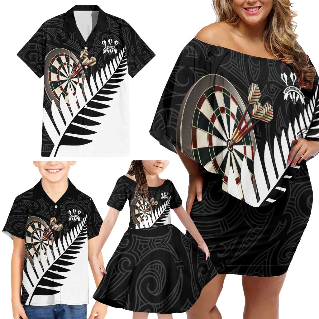 Personalised New Zealand Darts Family Matching Off Shoulder Short Dress and Hawaiian Shirt Silver Fern Aotearoa Maori Pattern LT14 - Polynesian Pride