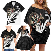 Personalised New Zealand Darts Family Matching Off Shoulder Short Dress and Hawaiian Shirt Silver Fern Aotearoa Maori Pattern LT14 - Polynesian Pride