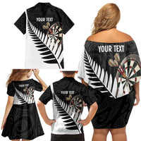 Personalised New Zealand Darts Family Matching Off Shoulder Short Dress and Hawaiian Shirt Silver Fern Aotearoa Maori Pattern LT14 - Polynesian Pride