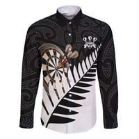 Personalised New Zealand Darts Family Matching Puletasi and Hawaiian Shirt Silver Fern Aotearoa Maori Pattern LT14 Dad's Shirt - Long Sleeve Black - Polynesian Pride