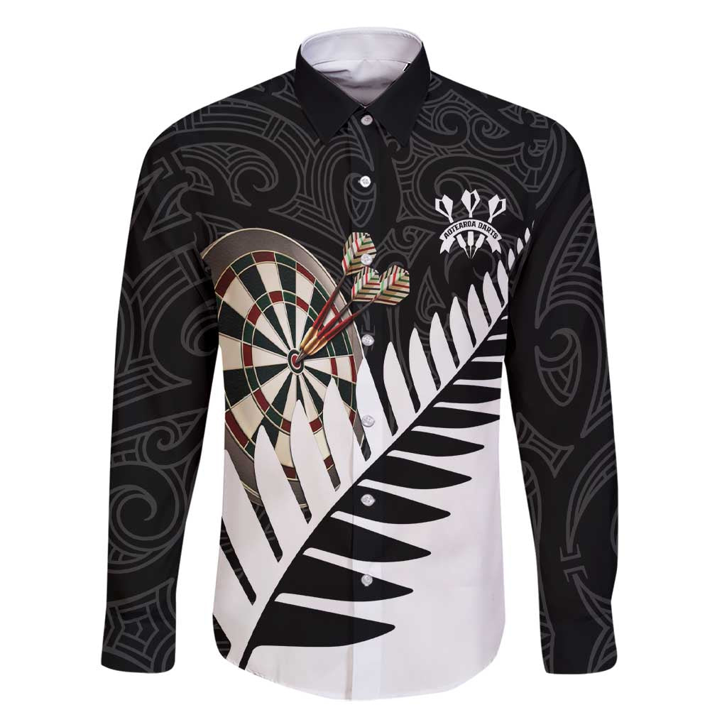 Personalised New Zealand Darts Family Matching Short Sleeve Bodycon Dress and Hawaiian Shirt Silver Fern Aotearoa Maori Pattern LT14 Dad's Shirt - Long Sleeve Black - Polynesian Pride