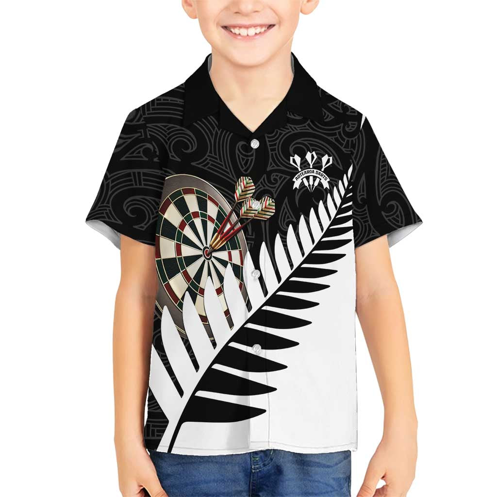 Personalised New Zealand Darts Family Matching Tank Maxi Dress and Hawaiian Shirt Silver Fern Aotearoa Maori Pattern LT14 Son's Shirt Black - Polynesian Pride