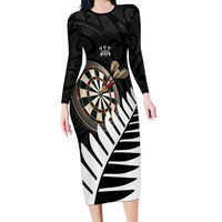 Personalised New Zealand Darts Long Sleeve Bodycon Dress Silver Fern Aotearoa Maori Pattern LT14 Long Dress Black - Polynesian Pride