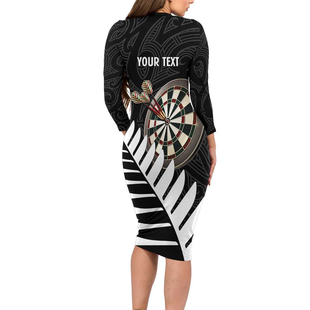 Personalised New Zealand Darts Long Sleeve Bodycon Dress Silver Fern Aotearoa Maori Pattern LT14 - Polynesian Pride