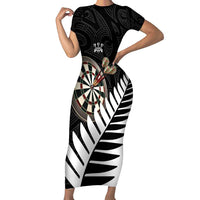 Personalised New Zealand Darts Short Sleeve Bodycon Dress Silver Fern Aotearoa Maori Pattern LT14 Long Dress Black - Polynesian Pride