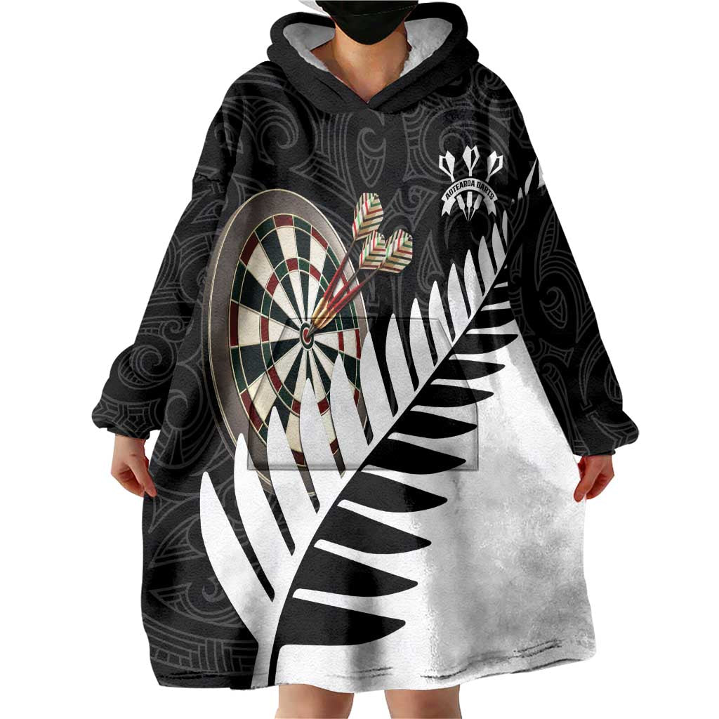 Personalised New Zealand Darts Wearable Blanket Hoodie Silver Fern Aotearoa Maori Pattern LT14 - Polynesian Pride