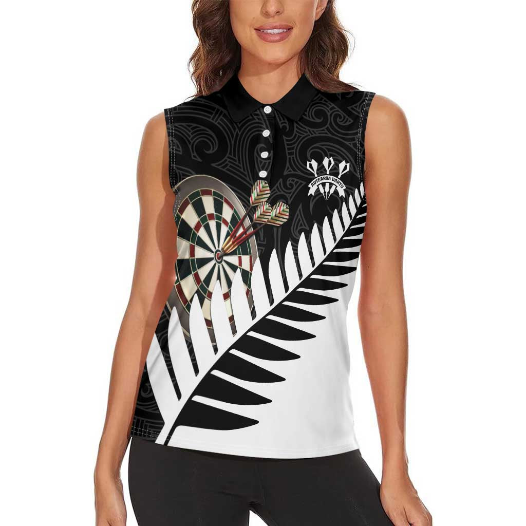 Personalised New Zealand Darts Women Sleeveless Polo Shirt Silver Fern Aotearoa Maori Pattern LT14 - Polynesian Pride