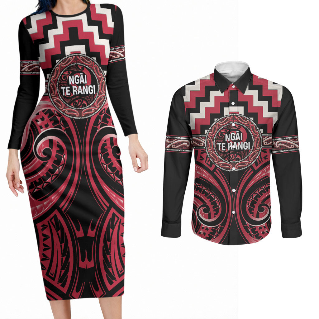 Aotearoa Ngai Te Rangi Personalised Couples Matching Long Sleeve Bodycon Dress and Long Sleeve Button Shirt Maori Iwi Poutama Puhoro Tattoo LT14 Red - Polynesian Pride