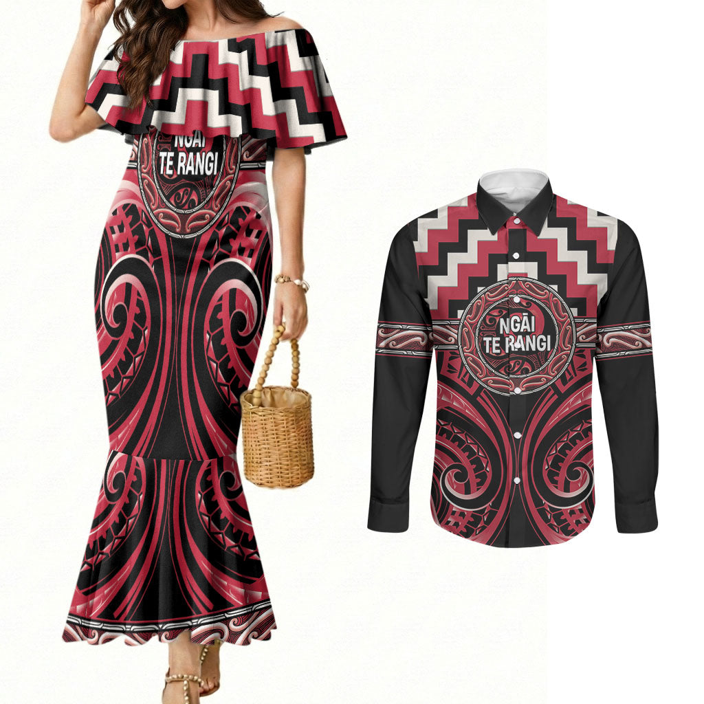 Aotearoa Ngai Te Rangi Personalised Couples Matching Mermaid Dress and Long Sleeve Button Shirt Maori Iwi Poutama Puhoro Tattoo LT14 Red - Polynesian Pride
