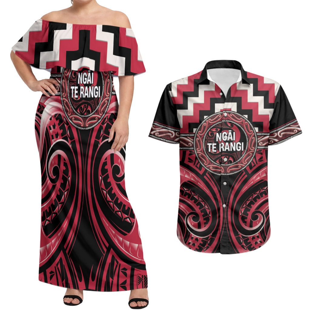 Aotearoa Ngai Te Rangi Personalised Couples Matching Off Shoulder Maxi Dress and Hawaiian Shirt Maori Iwi Poutama Puhoro Tattoo LT14 Red - Polynesian Pride