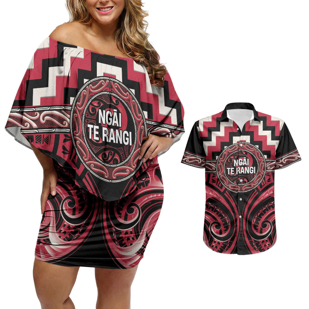 Aotearoa Ngai Te Rangi Personalised Couples Matching Off Shoulder Short Dress and Hawaiian Shirt Maori Iwi Poutama Puhoro Tattoo LT14 Red - Polynesian Pride