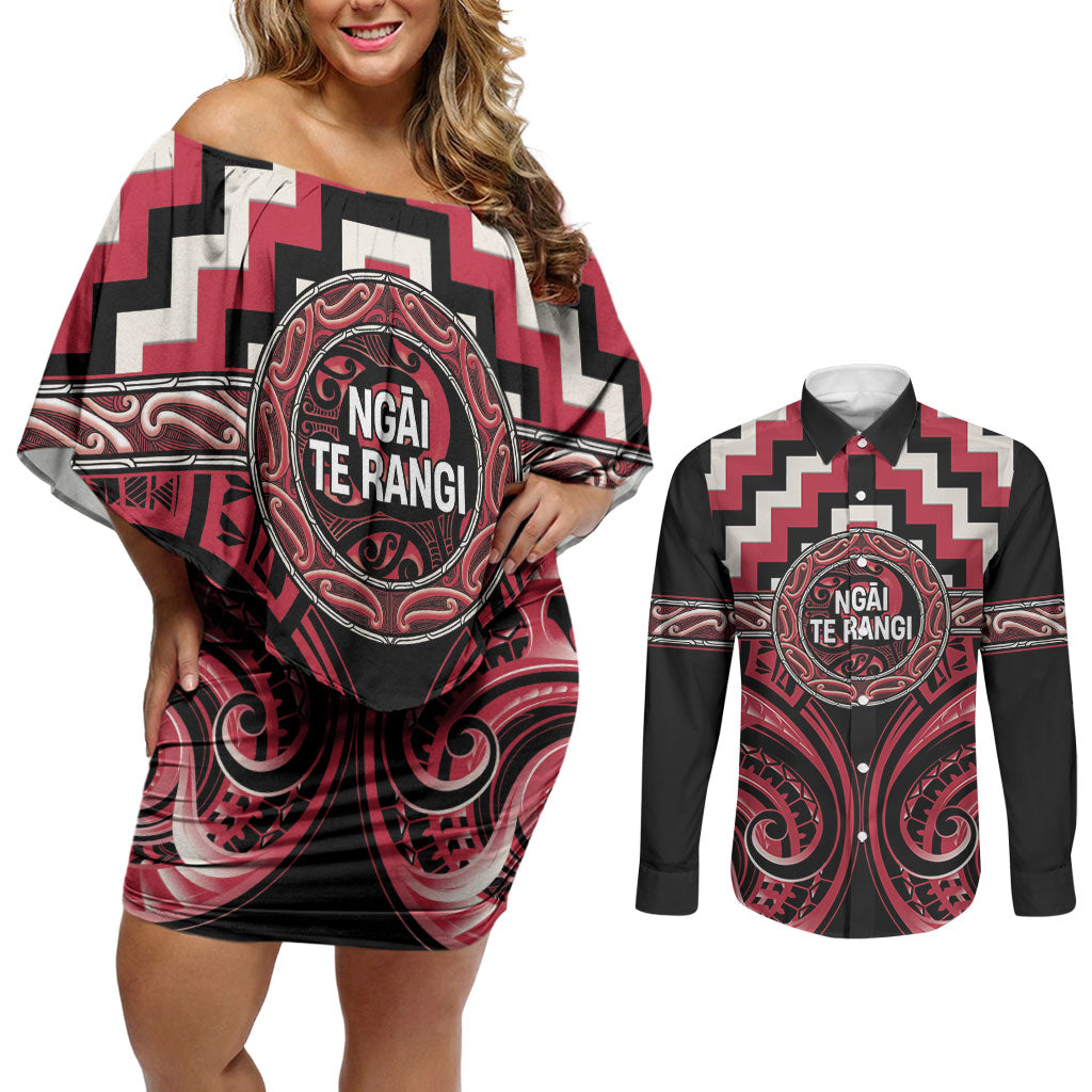 Aotearoa Ngai Te Rangi Personalised Couples Matching Off Shoulder Short Dress and Long Sleeve Button Shirt Maori Iwi Poutama Puhoro Tattoo LT14 Red - Polynesian Pride