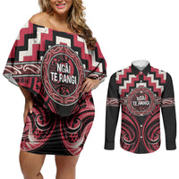 Aotearoa Ngai Te Rangi Personalised Couples Matching Off Shoulder Short Dress and Long Sleeve Button Shirt Maori Iwi Poutama Puhoro Tattoo LT14 Red - Polynesian Pride