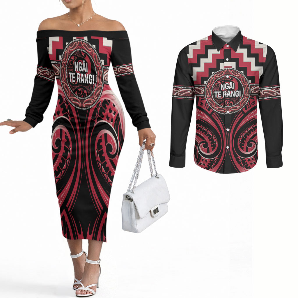 Aotearoa Ngai Te Rangi Personalised Couples Matching Off The Shoulder Long Sleeve Dress and Long Sleeve Button Shirt Maori Iwi Poutama Puhoro Tattoo LT14 Red - Polynesian Pride