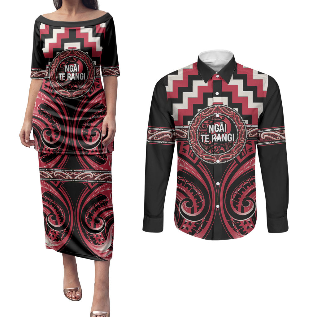 Aotearoa Ngai Te Rangi Personalised Couples Matching Puletasi and Long Sleeve Button Shirt Maori Iwi Poutama Puhoro Tattoo LT14 Red - Polynesian Pride