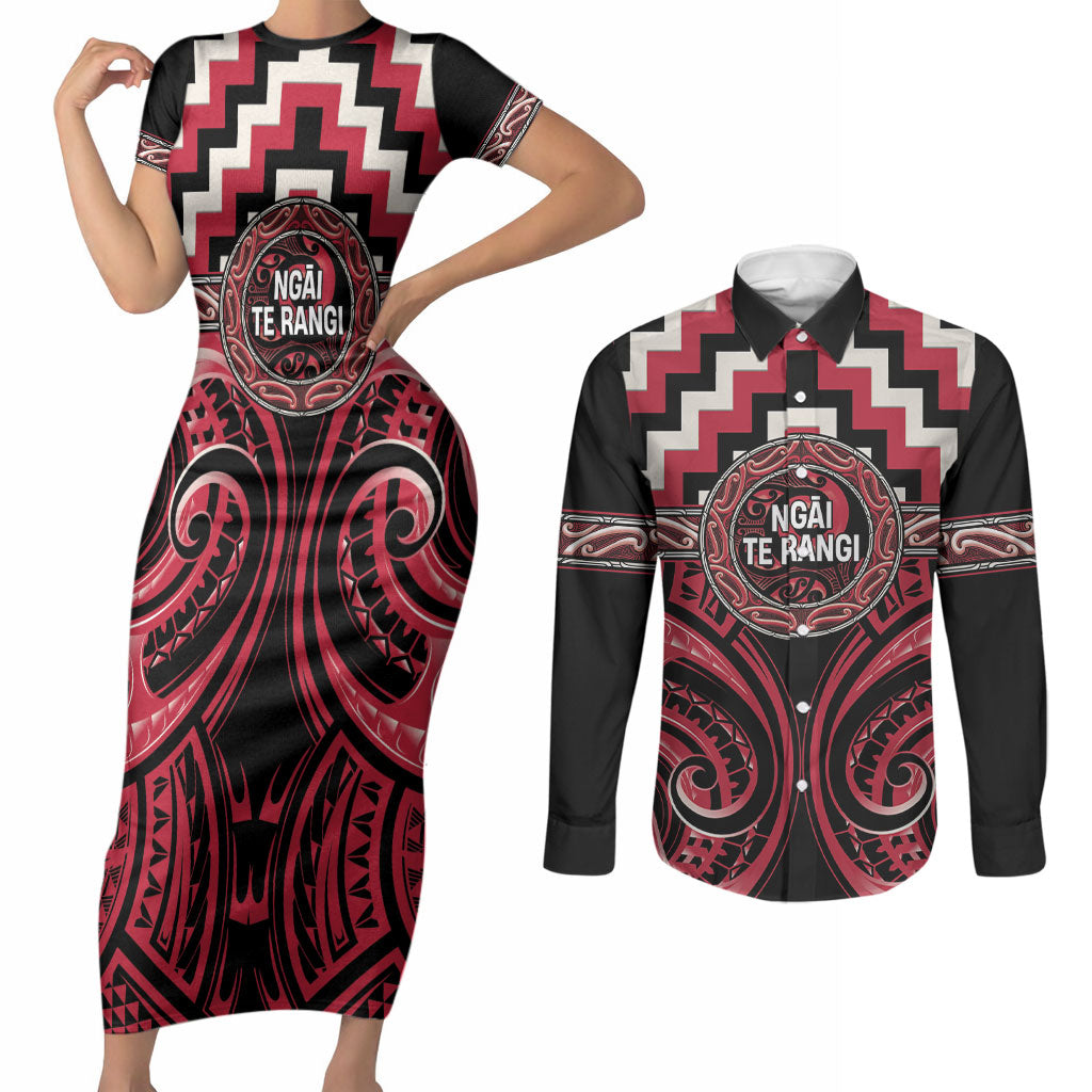 Aotearoa Ngai Te Rangi Personalised Couples Matching Short Sleeve Bodycon Dress and Long Sleeve Button Shirt Maori Iwi Poutama Puhoro Tattoo LT14 Red - Polynesian Pride