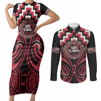 Aotearoa Ngai Te Rangi Personalised Couples Matching Short Sleeve Bodycon Dress and Long Sleeve Button Shirt Maori Iwi Poutama Puhoro Tattoo LT14 Red - Polynesian Pride