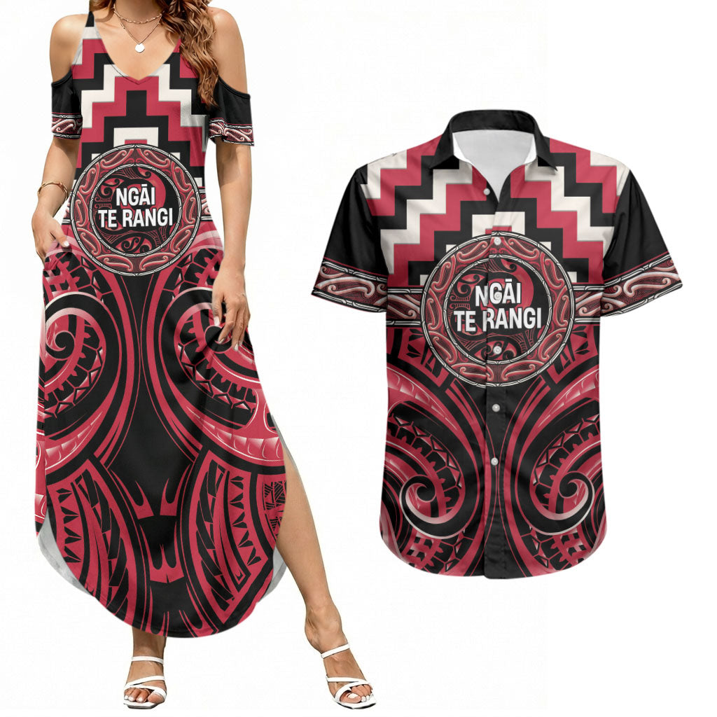 Aotearoa Ngai Te Rangi Personalised Couples Matching Summer Maxi Dress and Hawaiian Shirt Maori Iwi Poutama Puhoro Tattoo LT14 Red - Polynesian Pride