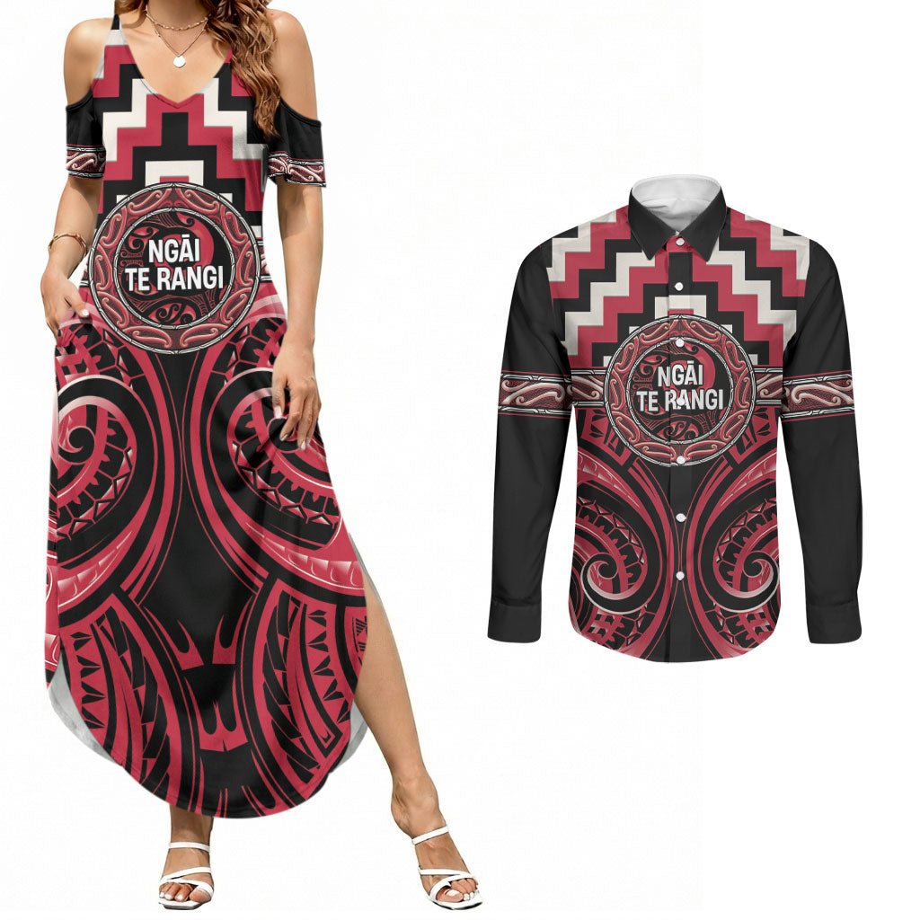 Aotearoa Ngai Te Rangi Personalised Couples Matching Summer Maxi Dress and Long Sleeve Button Shirt Maori Iwi Poutama Puhoro Tattoo LT14 Red - Polynesian Pride