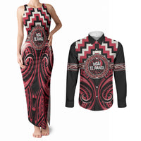 Aotearoa Ngai Te Rangi Personalised Couples Matching Tank Maxi Dress and Long Sleeve Button Shirt Maori Iwi Poutama Puhoro Tattoo LT14 Red - Polynesian Pride