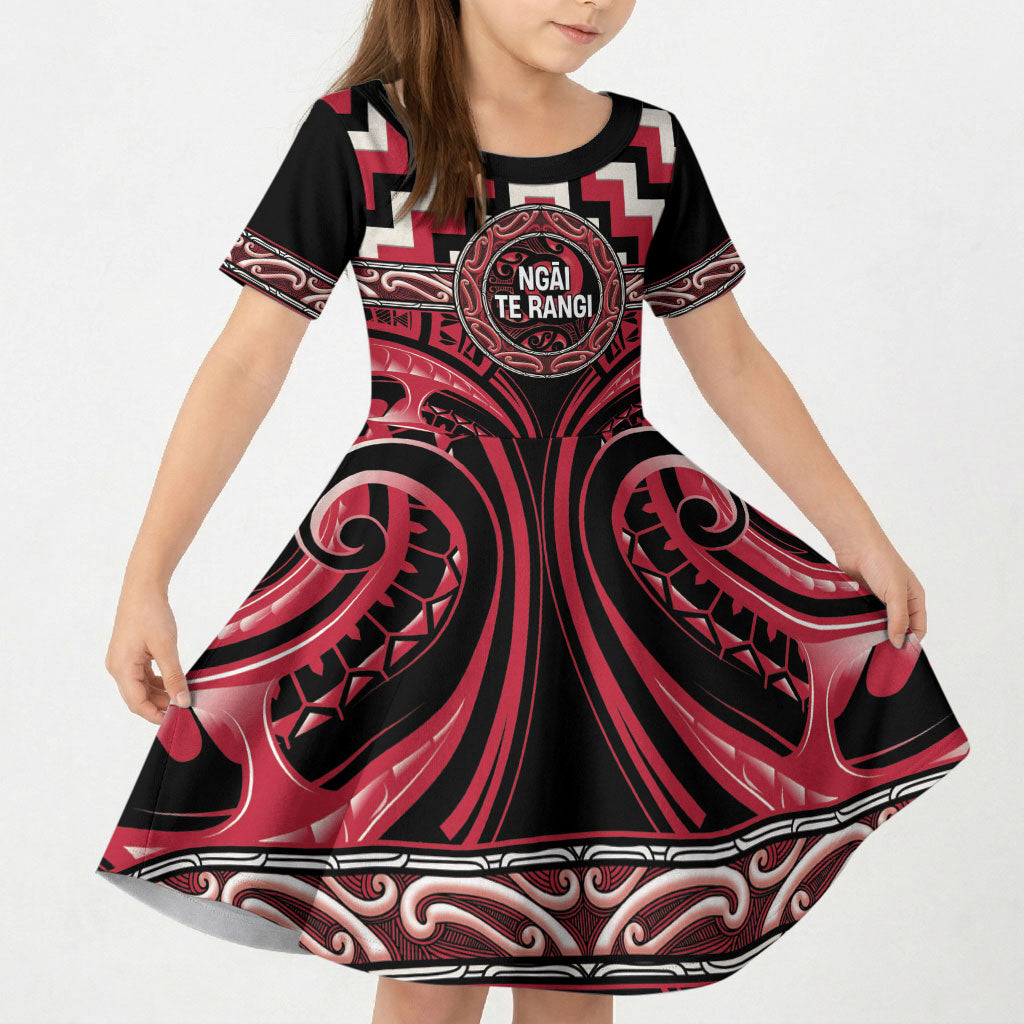 Aotearoa Ngai Te Rangi Personalised Kid Short Sleeve Dress Maori Iwi Poutama Puhoro Tattoo LT14 KID Red - Polynesian Pride