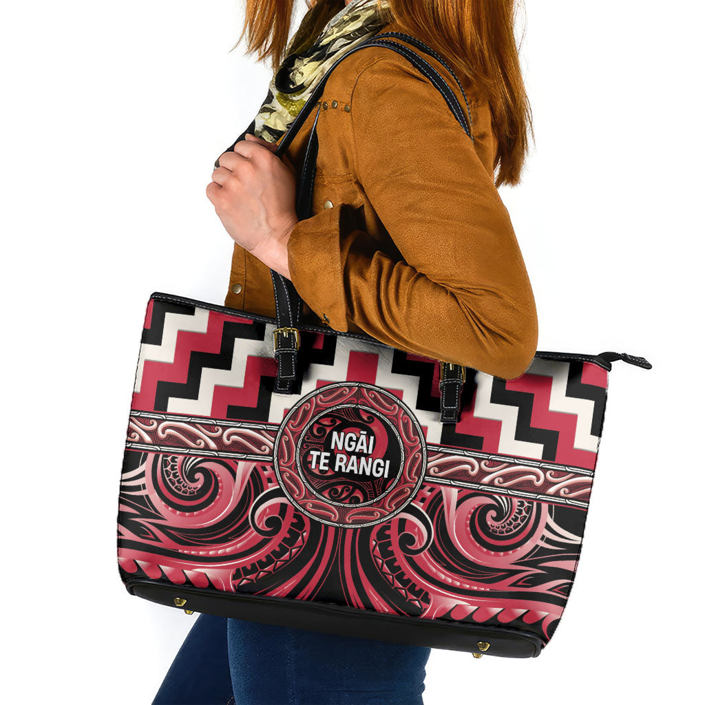 Aotearoa Ngai Te Rangi Leather Tote Bag Maori Iwi Poutama Puhoro Tattoo LT14 Red - Polynesian Pride